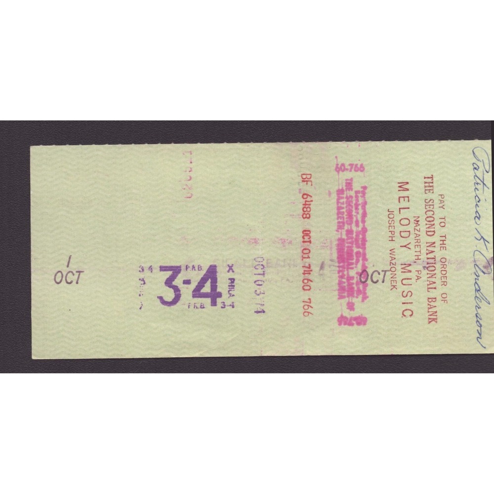 Vintage 1974 Nazareth PA Tatamy Nazareth National Bank Check Cancelled Ephemera - Picture 2 of 2